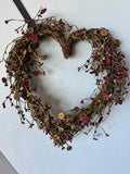 Primitive Style Faux Berries & Buttons Heart Wreath