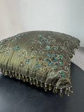 Olive Green Bead & Sequin Embellished Throw Pillow