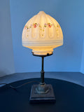 Brass & Cast Iron Vintage Boudoir Lamp with Floral Dome Milk Glass Shade (WORKS)