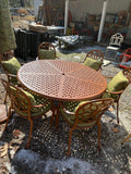 Cast Aluminum Painted Basket Weave Outdoor Table and Chair Set w/Custom Cushions, Umbrella and Stand