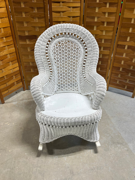 White Wicker Rocking Chair, NO CUSHIONS/SITS LOW