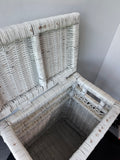 White Woven Wicker Vintage Storage Basket or Small Hamper with Hinged Lid