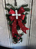 Faux Fir Glittery Bow Swag with Red & White Ornaments