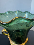 Vidreos San Miguel Style Green Glass Dual Handled Vase with Gold Accents
