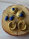 Trio of Blue Stone Accented Gold Tone Earrings (F)