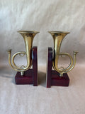 Brass Horn On Wood Bookends - Pair