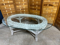 White Wicker & Glass Oval Coffee Table