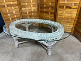 White Wicker & Glass Oval Coffee Table