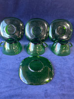 Vintage Vere Co France Green Glass Cups and Saucers, 7 Pieces