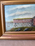 Folk Art Framed Original Oil Painting Fort Gateway Stone Wall Coastal Landscape