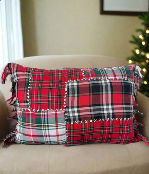 Patchwork Plaid Fringed Rectangular Throw Pillow