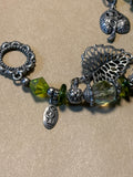 Silver Bracelet with Green Beads & Leaf Charms