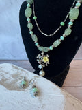 Double Layered Green Gemstone Beaded Necklace with Floral Pendant & Earrings Set