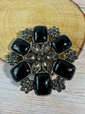 Smoky Gray Rhinestone & Black Cabochon Floral Brooch