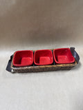 Set Of 3 Red Ceramic Condiment Bowls In Basket