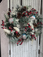 Faux Snowy Pine Wreath with Santa Ornaments