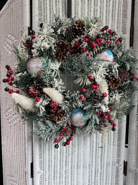 Faux Snowy Pine Wreath with Santa Ornaments