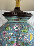 Pair of Asian Inspired Blue Floral Ceramic & Wooden Lamps (WORKS)