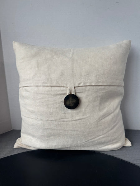 Cream Canvas Feather Throw Pillow with Button Accent