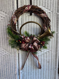 Faux Fir Holiday Grapevine Wreath with Vintage Horn