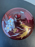 (A) Bohemia Czech Republic Cranberry Crystalex Handpainted Floral 3-Toed Candy Dish