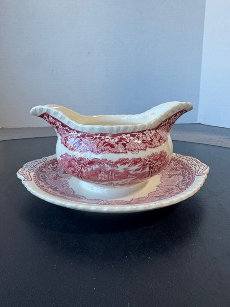 (GG) Mason’s England Vista Pink China Round Gravy Boat with Attached Saucer
