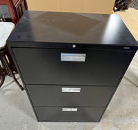 Hon Black Metal Locking Three Drawer File Cabinet with Key