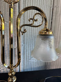 Pair of Victorian Style Brass Tone Dual Arm Vintage Lamps with Frosted Shades (WORKS)