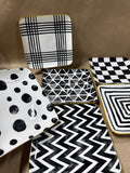 Black And White Over And Back Appetizer Square Plates - Set Of 6