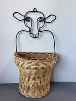 Farmhouse Wrought Iron Cow & Woven Wicker Wall Pocket