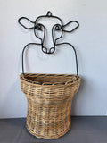Farmhouse Wrought Iron Cow & Woven Wicker Wall Pocket