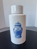 White Ceramic Lidded Temple Jar with Chinoiserie Emblems