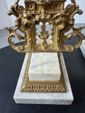 Pair of Antique Girandole Brass, Marble & Crystal Prism Candlesticks with Oil Lamp Conversion Inserts