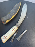 Nepal Vintage Khukri Knife with 2 Mini Knives and Leather & Gold Plate Sheath