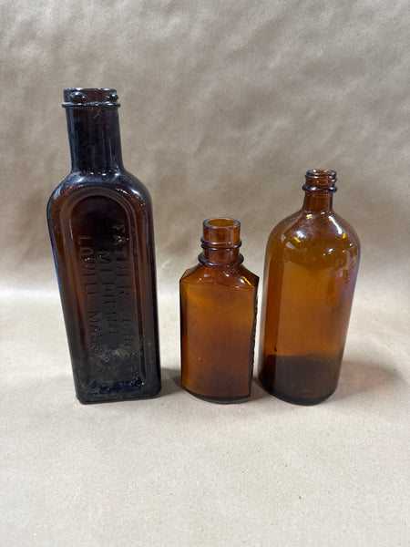 (A) Lot Of 3 Amber Glass Medicine Bottles