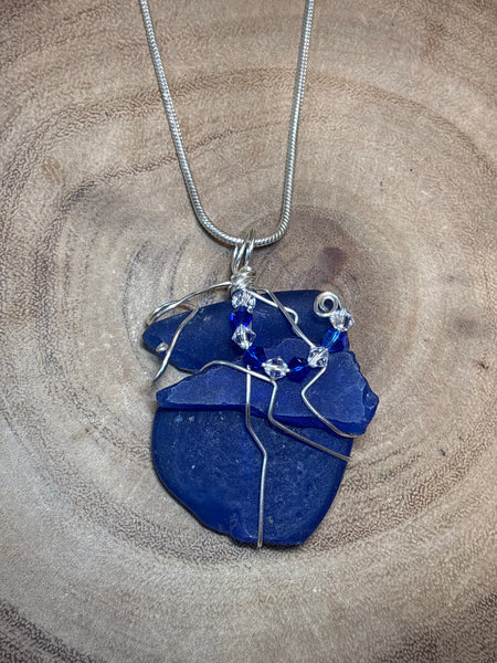 Wrapped Blue Sea Glass Pendant on Chain