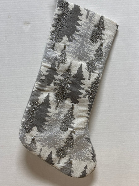 Silver & White Tree Christmas Stocking with Beading