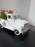 White Metal Pickup Truck with Faux Tulips