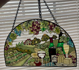 Joan Baker Designs Wine & Cheese Arched Stained Glass Hanging Panel