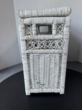 White Woven Wicker Vintage Storage Basket or Small Hamper with Hinged Lid