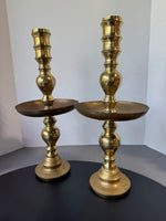 Pair of Large Etched Brass Candlesticks with Drip Pans