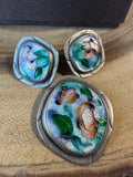 Enamel Floral Sterling Silver Pin Pendant & Earrings Set