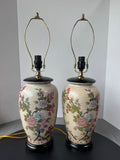Pair of Asian Inspired Floral Fruit Ceramic Urn Lamps (WORKS)