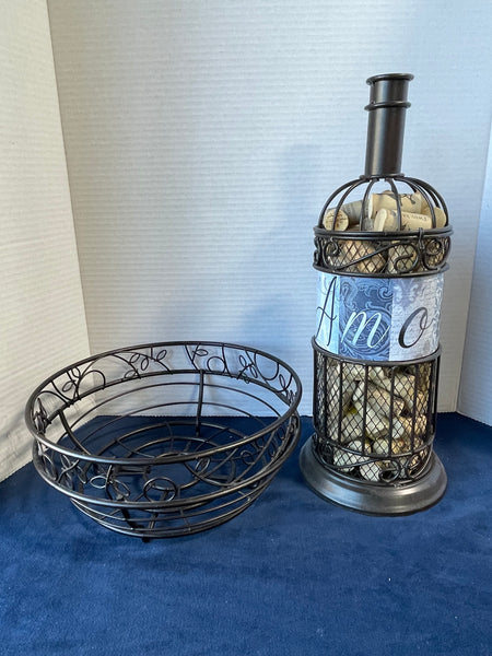 Wire Bread Basket and Wire Wine Bottle Full of Corks