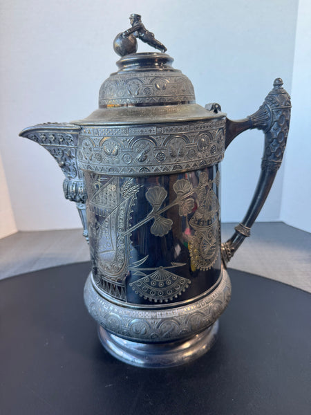 Antique Etched Victorian Silver Plate Water Pitcher