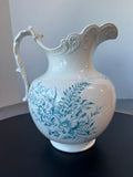 Blue Floral White Large Vintage Pitcher or Vase