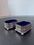 Pair of Sterling Silver Open Salt Cellars with Cobalt Glass Liners