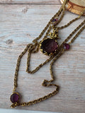 Goldette Vintage Layered Gold Tone Necklace with Purple Intaglio Glass Cameo Pendant
