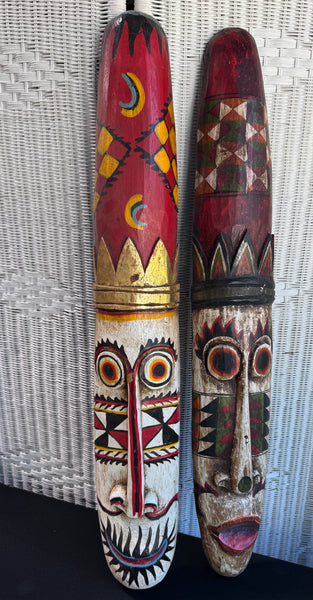 Pair of Colorful Carved African Tribal Wooden Masks