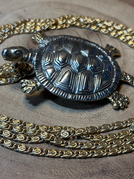 Gold/Silver Tone Turtle Pendant & Gold Chain
